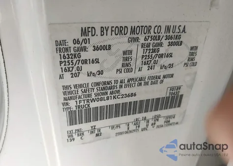 2001 Ford F-150 King Ranch Edition/Lariat/Xlt z USA, uszkodzony, nr VIN 1FTRW08L81KC23686